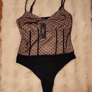 Lulu's Black and Tan Patterned Bodysuit. NWT.